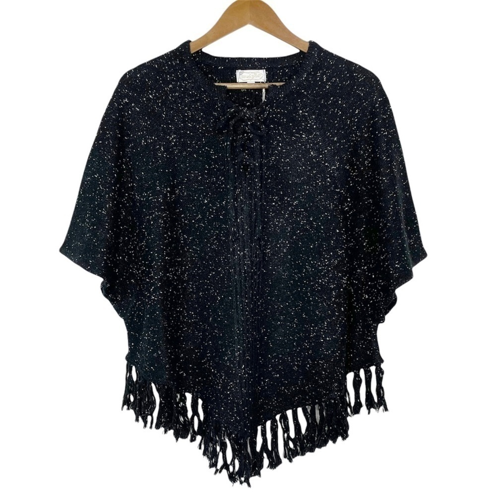 𝅺Mud Pie Speckled‎ Knit Fringe Pixie Poncho Black NWT S/M